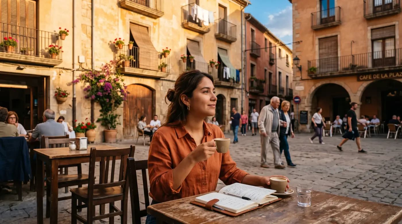 Una mujer joven toma café en la terraza de una plaza española al atardecer.