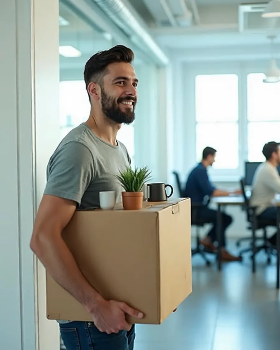 Hombre joven sonriendo mientras entra en una oficina luminosa con una caja de cartón en la que lleva una planta y dos tazas, con compañeros trabajando al fondo.