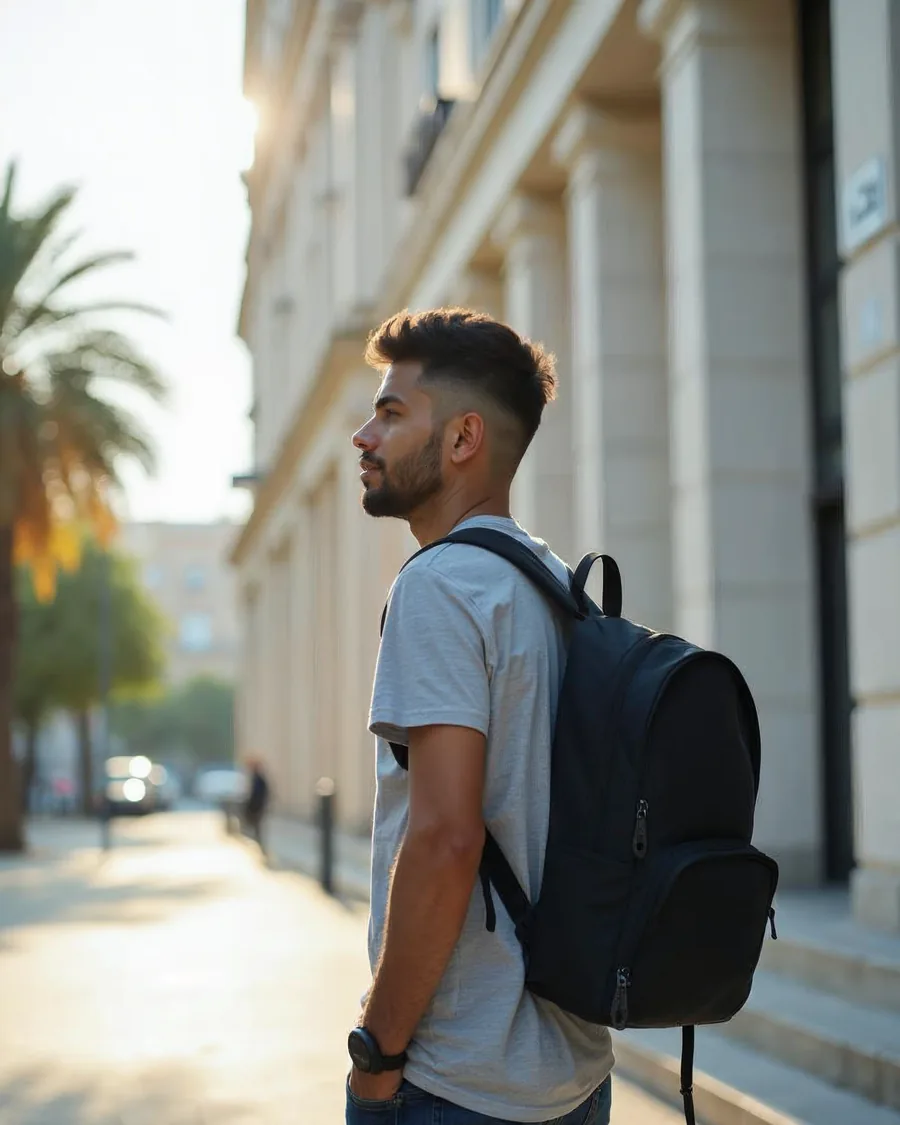 Hombre joven con mochila al hombro, de pie en la acera frente a la fachada de piedra clara de un edificio oficial, mirando hacia la entrada.