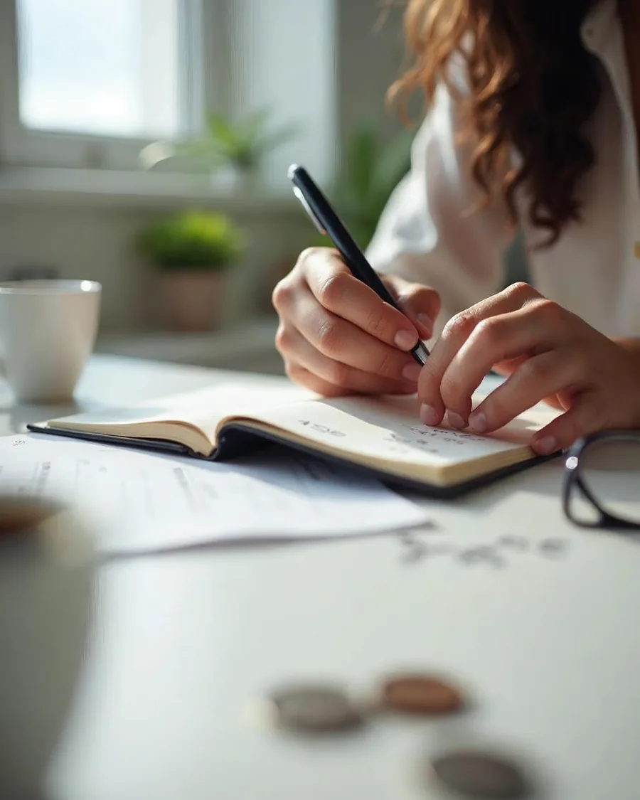 Manos de una mujer haciendo cuentas con bolígrafo en una libreta pequeña sobre una mesa blanca, con una taza de café, unas gafas y monedas sueltas alrededor.