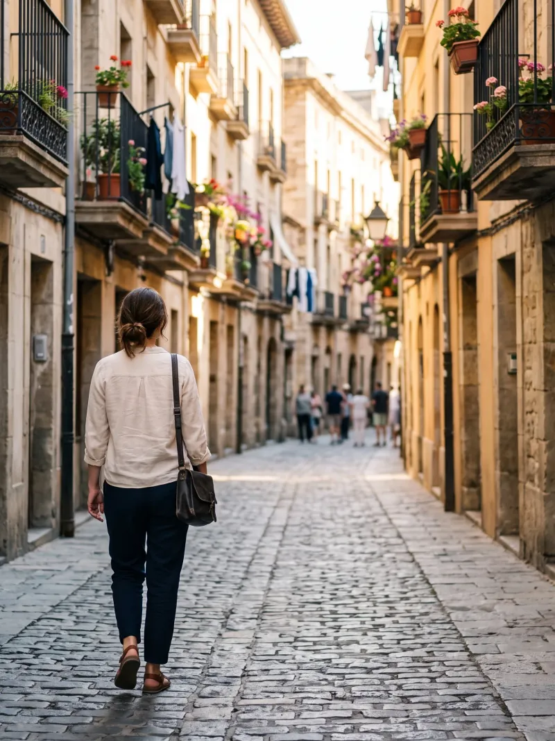Mujer caminando por una calle empedrada de un casco antiguo español con balcones llenos de flores.