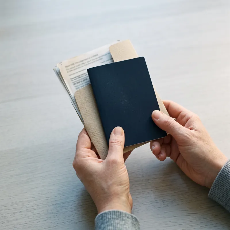Manos sosteniendo un pasaporte cerrado sobre un sobre con documentos.