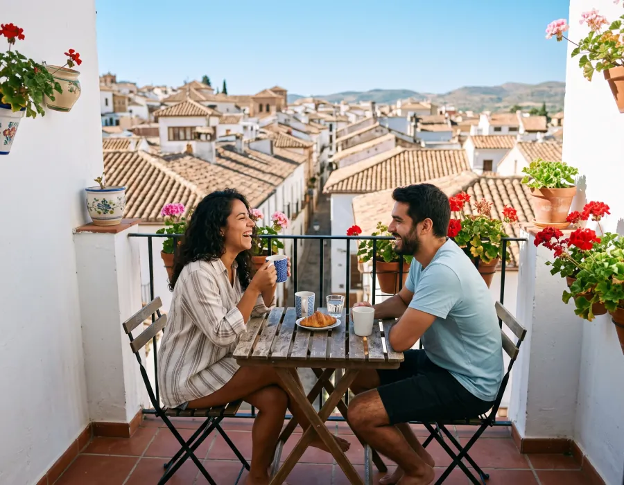 Pareja desayunando y riendo en un balcón sobre los tejados de un pueblo blanco andaluz.